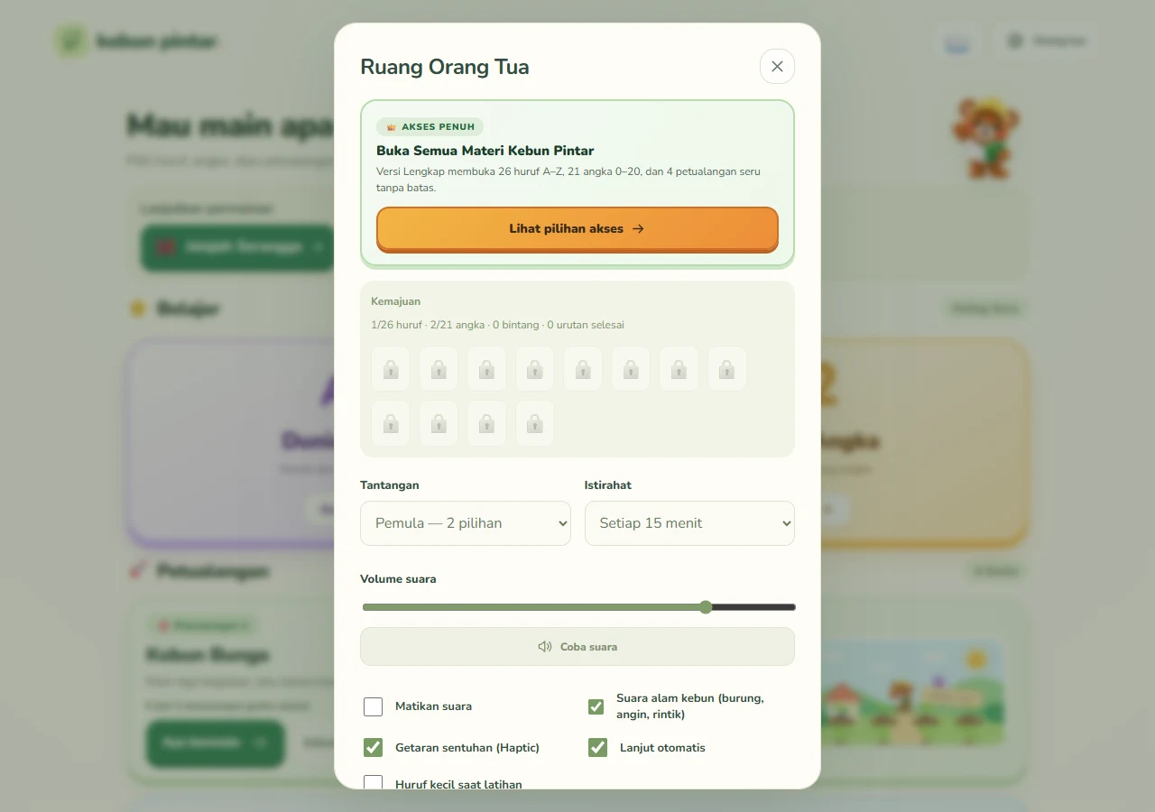 Parent Area: challenges, sound, and breaks